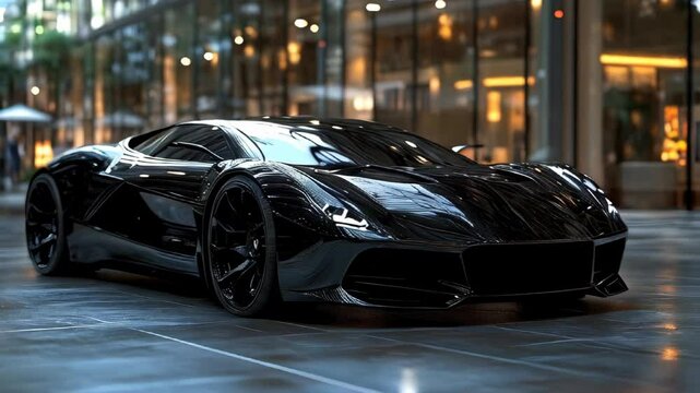 A striking black sports car stands parked within a sleek, modern building, illuminated by warm sunset light. The scene embodies luxury and high performance.