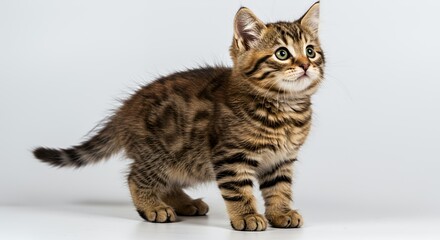 Obraz premium Ginger Fluffy Kitten with Brown Stripes Standing on White Background Fluffy Fur and Curious Expression Looking Up Studio Shot Perfect for Decoration