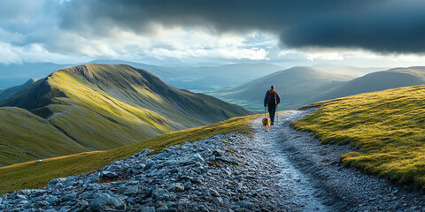A lone hiker walks a mountain trail with their dog, enjoying a scenic landscape under a dramatic sky. Perfect for travel and adventure brochures. © dede