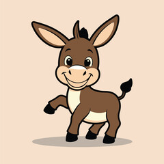 A Cheerful Cartoon Donkey with Big Ears, a Friendly Smile, and a Playful Trot Against a Soft Beige Background.