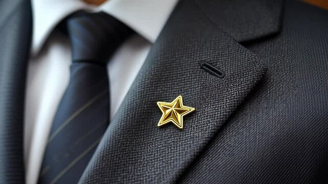Business attire style symbol gold star pin on suit lapel