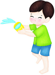 Watercolor Kids Playing Songkran Festival with Water Guns - Cute Thai New Year Illustration