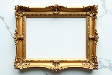 Intricate gold frame with ornate patterns resting on white marble background, elegant background, ornate