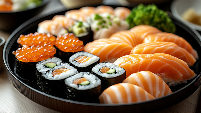 Delicious assortment of sushi including salmon, roe, and rolls beautifully arranged on a traditional plate
