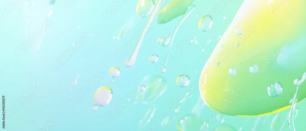 Poster abstract background with transparent liquid drops and blobs in pastel green and yellow tones concept