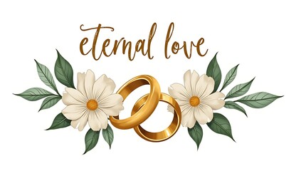 Obraz premium A detailed composition of two intertwined gold wedding rings surrounded by delicate white flowers and fresh green leaves, symbolizing love, unity, and natural elegance.