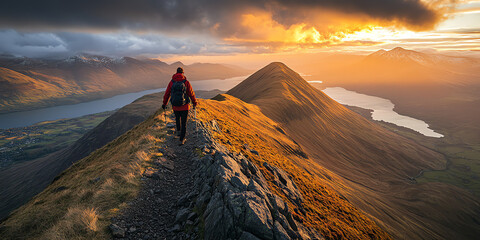Lone hiker walks a scenic mountain ridge at sunset enjoying breathtaking views of lakes and valleys.  Perfect for travel and adventure brochures. © dede
