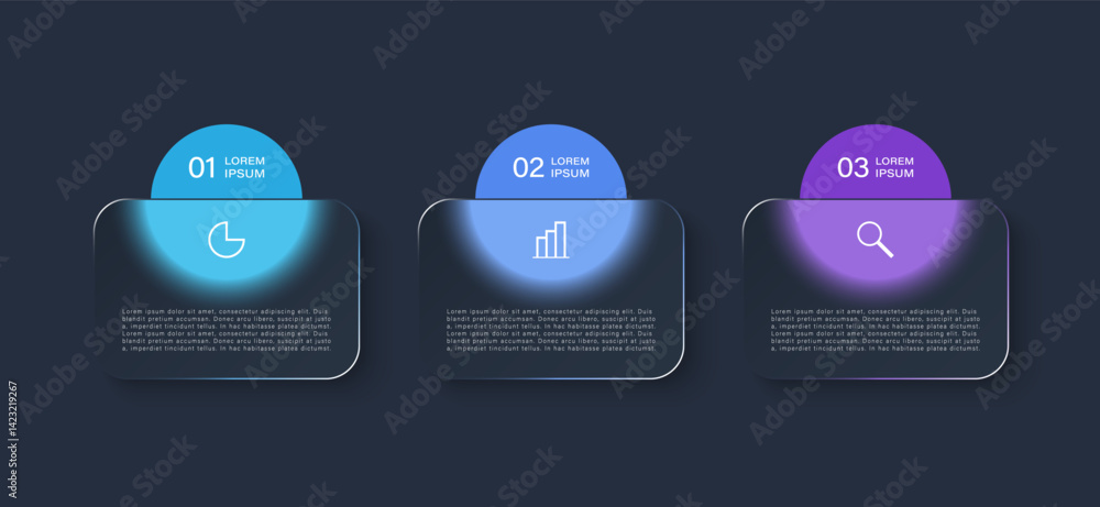 Poster glass morph inforgraphic design template with 3 steps or options and icons