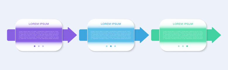 Glass morphism vector infographic design template with three steps and arrows