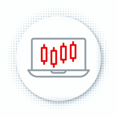 Line Laptop with stocks market growth graphs and money icon isolated on white background. Monitor with stock charts arrow on screen. Colorful outline concept. Vector