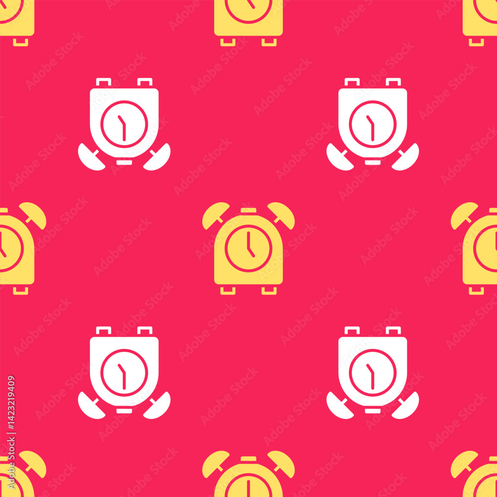 Poster yellow alarm clock icon isolated seamless pattern on red background. wake up, get up concept. time s