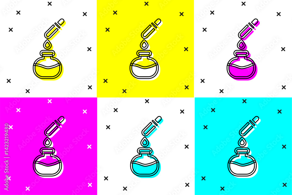 Poster set test tube and flask chemical laboratory test with pipette icon isolated on color background. lab
