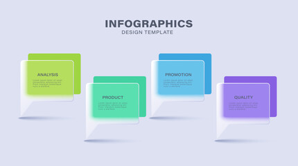 Glass morphism infographic design template with 4 speech bubbles. Vector design with translucent glass effect