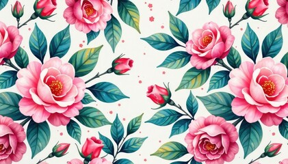 Delicate watercolor roses & leaves, repeating seamlessly , design, floral pattern
