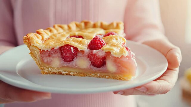 Female showing raspberry pie on plate for dessert celebration