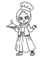 A charming cartoon illustration depicts a young Muslim girl cheerfully . She is wearing a hijab, a long-sleeved cardigan, and a skirt, suggesting she is a student ready