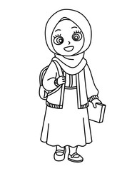 A charming cartoon illustration depicts a young Muslim girl cheerfullyA charming cartoon illustration depicts a young Muslim girl cheerfully carrying her backpack and a book. She is wearing a hijab, a