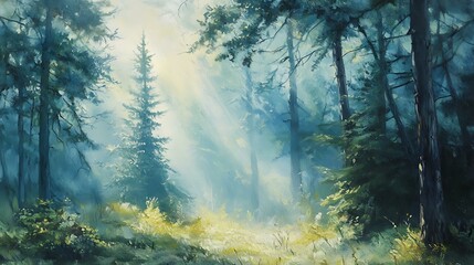 Pine forest with sunbeams through trees, misty air
