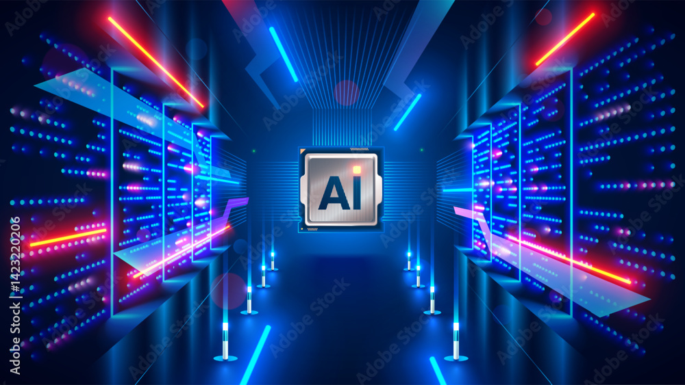 Aufkleber Processor with integration AI. AI Letters on chip. CPU connected to data storage. Artificial intelligence technology in electronic chip. Data processing by artificial intelligence chip. AI hardware.