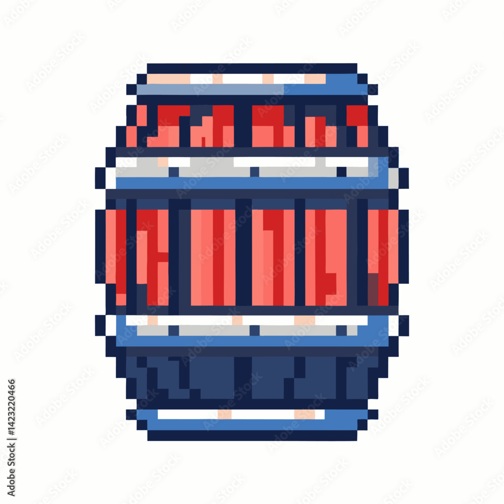 Poster retro pixel art barrel icon for vintage game design and ui development