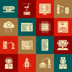 Set Robot doctor, 3D printer, Computer monitor screen, Software, web developer programming code, Internet things, 3d scanning system and Processor with microcircuits CPU icon. Vector