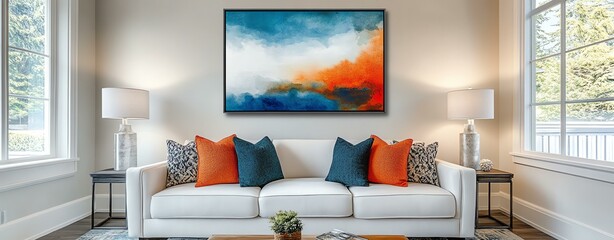 A modern living room featuring a stylish white couch with colorful pillows and an abstract painting on the wall.