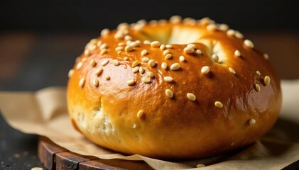 Golden-brown artisan bun, sesame seeds, crusty , snack, crust, ingredient