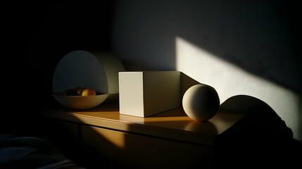 desk with neutral palette, matte textures, and geometric lamp 