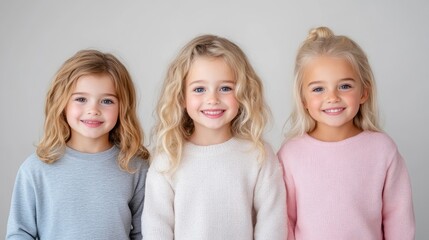 Three young girls, smiling brightly, standing in a row against a neutral background