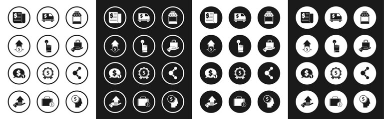 Set Shopping building or market store, Hand touch and tap gesture, Financial growth coin, news, paper shopping bag, Armored truck, Share and Speech bubble with dollar icon. Vector