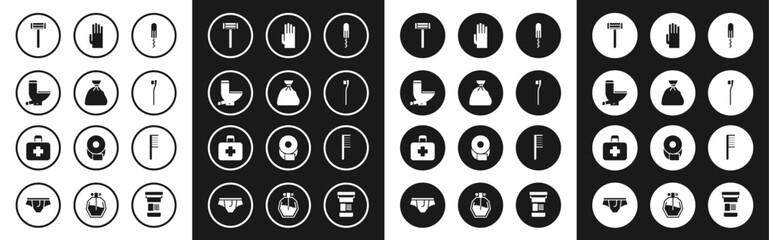 Set Sanitary tampon, Garbage bag, Toilet bowl, Shaving razor, Toothbrush, Rubber gloves, Hairbrush and First aid kit icon. Vector