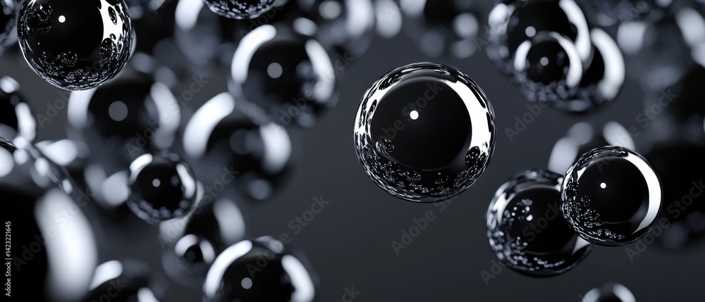 Poster abstract dark chrome spheres floating with reflections, creating a modern and futuristic background 