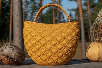 Yellow bag outdoors, nature backdrop