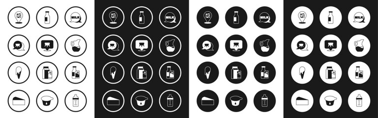 Set Lettering milk, Udder, Cheese, Milk jug or pitcher, Bottle with, and glass and Ice cream waffle cone icon. Vector