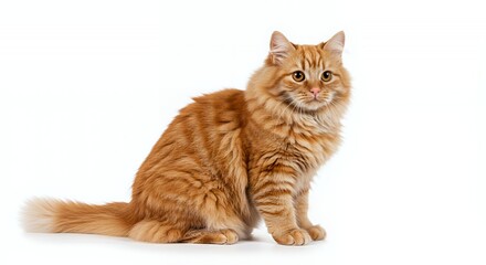 Fluffy Ginger Tabby Cat Sitting Isolated on White Background Features Vibrant Orange Fur And a Tabby Pattern With an Attentive Expression Looking at Camera