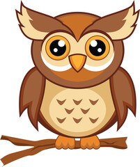 vector brown bird owl on a tree branch cute cartoon illustration
