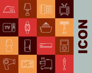 Set line Blender, Music player, Electric heater, Telephone, Smart watch showing heart beat rate, TV box receiver and with remote controller, iron and Citrus fruit juicer icon. Vector