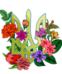 Ukrainian national emblem trident tryzub decorated with various spring and summer flowers