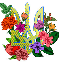Ukrainian national emblem trident tryzub decorated with various spring and summer flowers