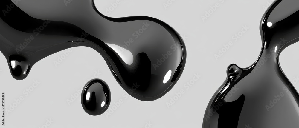 Poster abstract black liquid blobs with glossy reflections on a light gray background concept of modern art