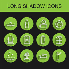 Set line Cold and waves, Industry metallic pipes valve, Shark fin in ocean, Swiss army knife, Backpack, Aqualung and Carabiner icon. Vector