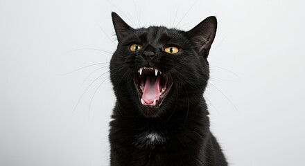 Black Cat Yawning Showing Teeth on White Background with Studio Lighting Details