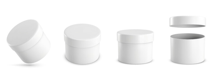 Round white gift boxes set - various view cylindrical containers with lids. Empty small packaging items for retail products or holiday congratulation. Blank mockup design of blank cylindrical pack.
