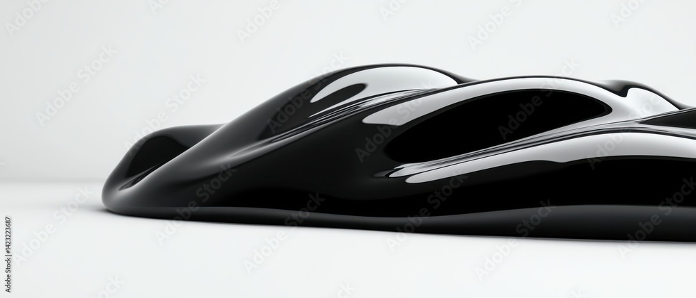Poster abstract black glossy fluid shape with smooth curves and reflections on a white background concept o