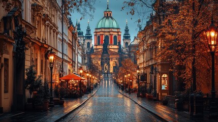 Naklejka premium Prague street scene at twilight, bathed in autumnal hues.