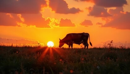 Silhouette of a cow grazing in the fields under sunset , animal silhouette, cows