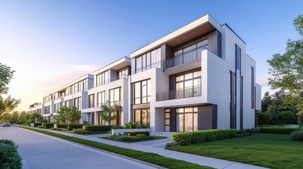 Modern Minimalist Townhouses Along a Tree-Lined Street with Lush Greenery and Elegant Architecture at Sunset