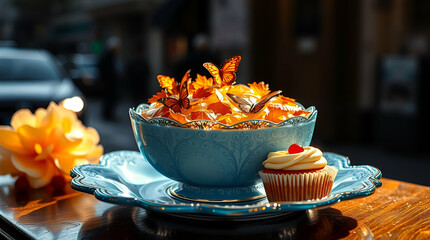 Elegant autumn-themed cake decorated with colorful leaves bird and butterfly, accompanied by mini desserts and yellow roses on a blue plate in warm seasonal tones ai.


