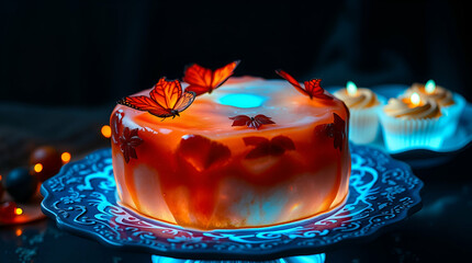 Elegant panna cotta dessert with embedded fruit cubes and autumn leaves garnish served on ornate blue plate surrounded by pumpkins nuts and warm seasonal decorations ai.

