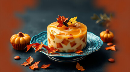 Elegant panna cotta dessert with embedded fruit cubes and autumn leaves garnish served on ornate blue plate surrounded by pumpkins nuts and warm seasonal decorations ai.

